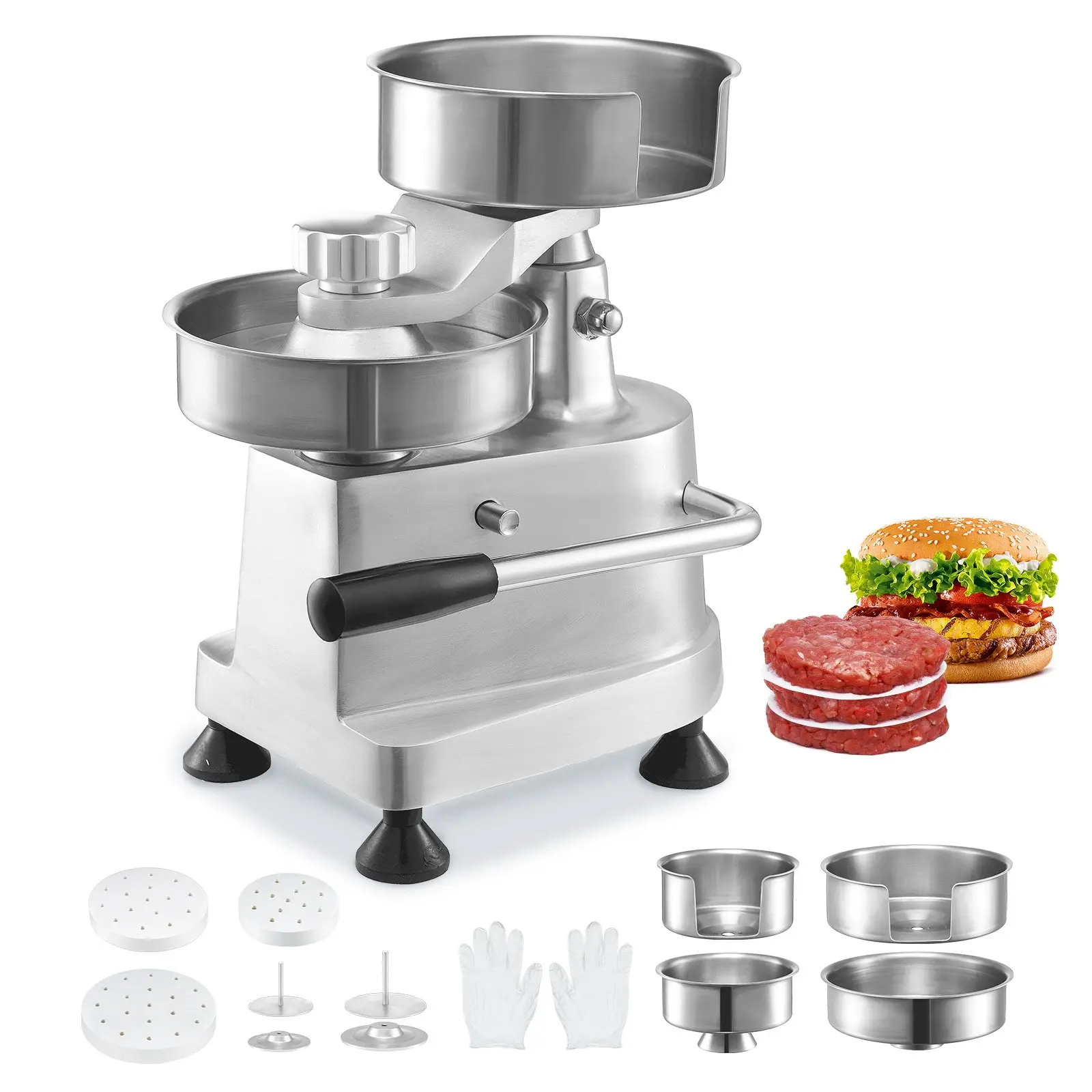 Commercial Burger Patty Maker, Hamburger Beef Patty Maker with 3 Convertible Mold(4/5/6-inch), Heavy Duty Stainless Steel Burger Press Machine, Meat Forming Processor with 1500 Pcs Patty Papers