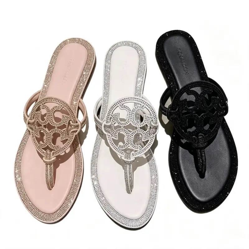 Women Rhinestone Hollow Circle Thong Sandals, Sparkly Crystal Flat Flip Flop, Slip On Open Toe Summer Slide Sandal, Comfort Non Slip Pool Slide, Fashion Casual Beach Vacation Daily Walking Sandals