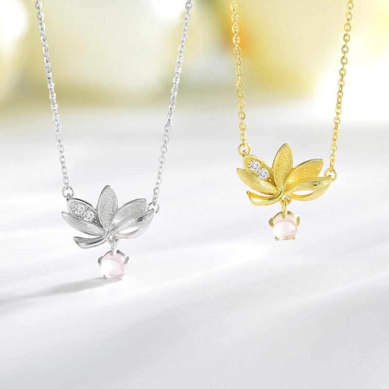 Twelve Flower Order Rose Quartz Necklace |     S925 Sterling Silver Lotus Pendant, Unique Design Collarbone Chain, Fashionable Premium Zirconia Gift