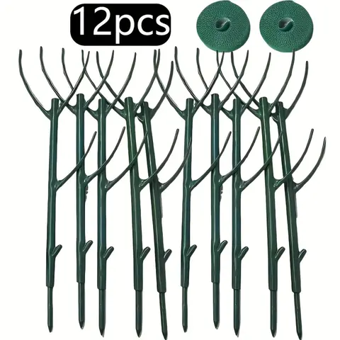 12pcs Plastic Plant Support Stakes with Fixing Discs, Decorative Twig Supports for Indoor and Outdoor Potted Plants, Durable Green Plant Stakes for Healthy Growth and Organization, Climbing Plant Stakes, Garden Supplies