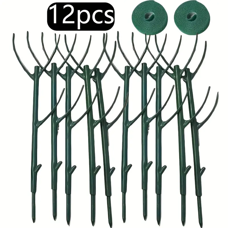 12pcs Plastic Plant Support Stakes with Fixing Discs, Decorative Twig Supports for Indoor and Outdoor Potted Plants, Durable Green Plant Stakes for Healthy Growth and Organization, Climbing Plant Stakes, Garden Supplies
