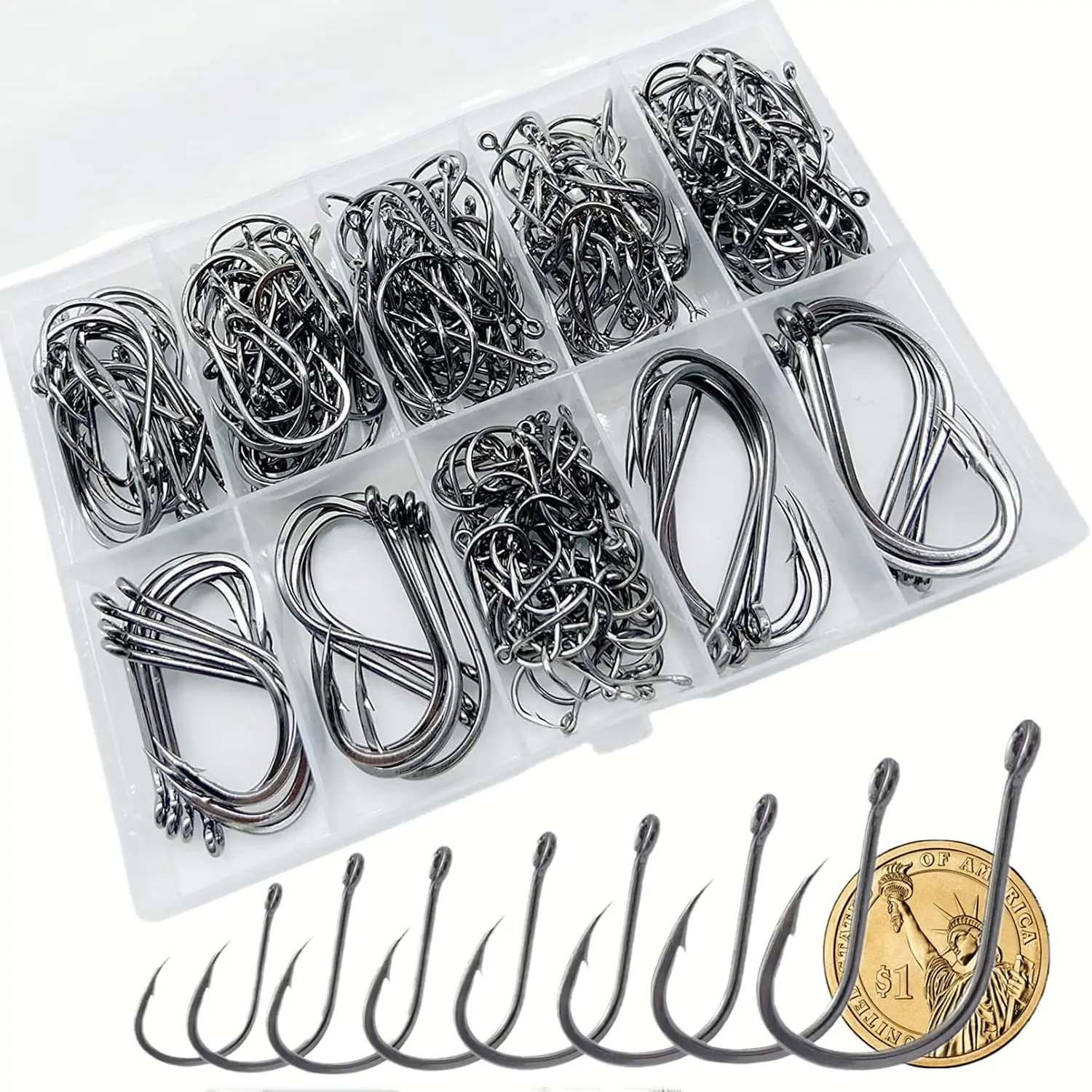300Pcs/Box (22 #   ...15 #   10 #   Fishing Hook, Forged Steel/Barded Design, 8 Sizes Universal Octopus Fishing Hooks Set, Sharp/High Carbon/Hook Eye,  Sizes in Freshwater Saltwater