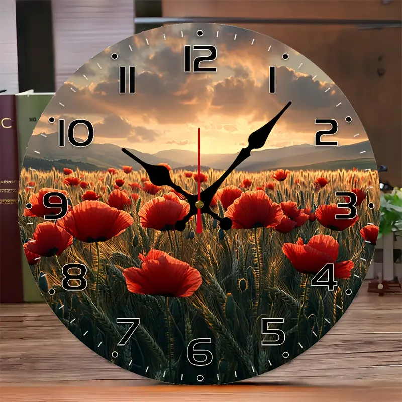 Poppy Flower Clock, Decorative Wall Clock - 10inch European and American Style Round Silent Flat Wall Clock - Batteries Not Included - Adds Joyful Moments to Your Study or Living Room, Perfect Gift for Friends, Family, Colleagues, Home Decoration and Stud