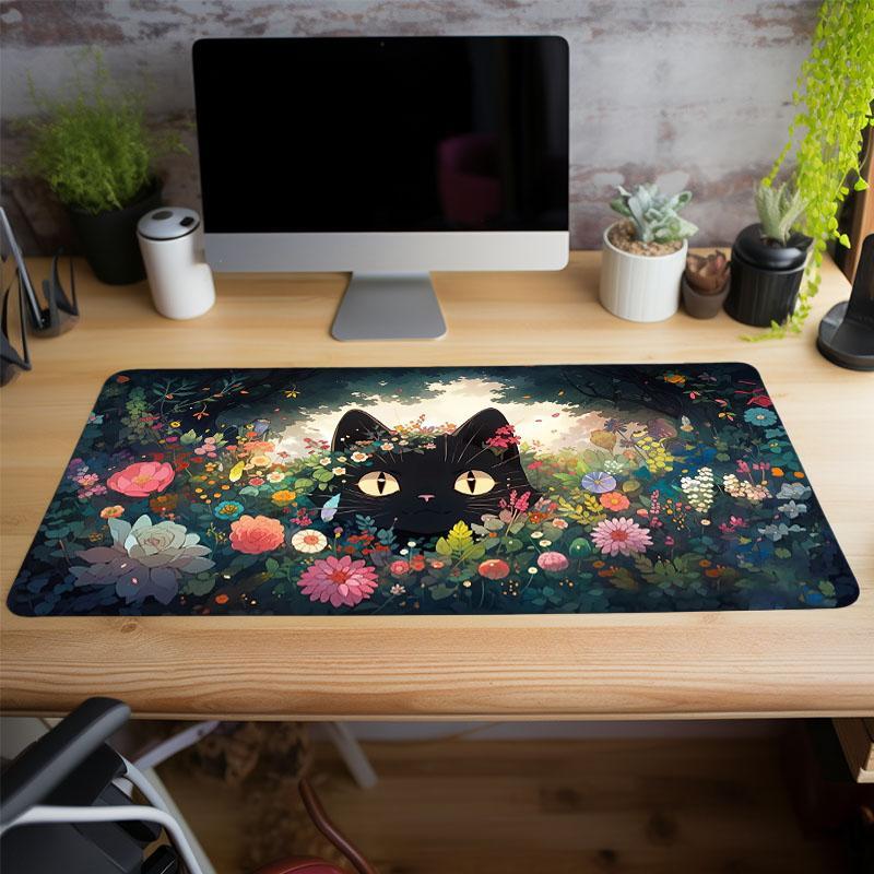 Flower & Black Cat Pattern Mouse Pad, 1 Piece Modern Fashion Mouse Pad, Extended Aesthetic Keyboard Mouse Pad, Desk Mouse Pad for Home Office School, Desk Accessories, Office Stationery & Supplies