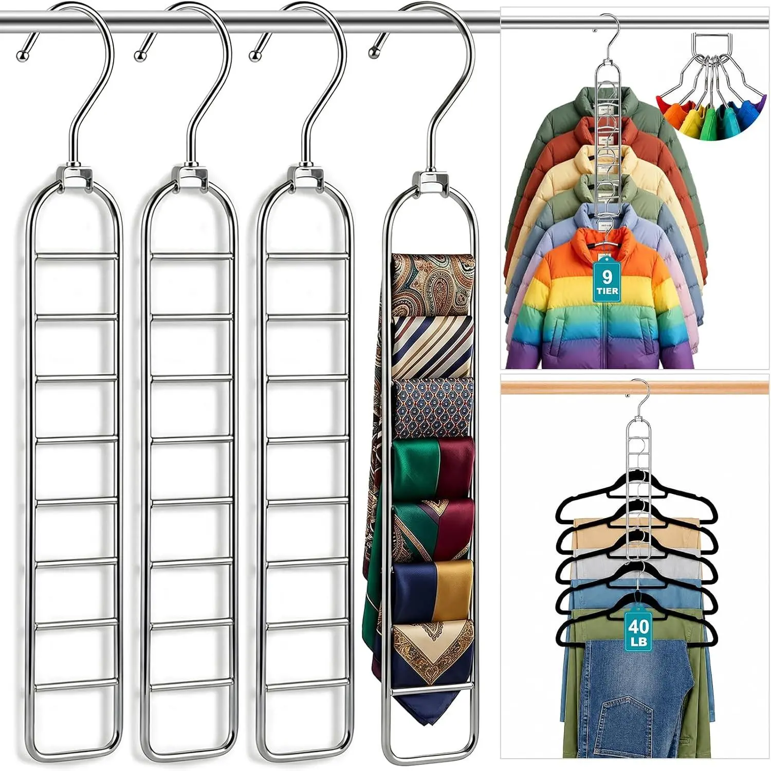 36-Hole Heavy Duty Space Saving Hangers for Closet Organizers and Storage | 4 Pack Cascading Hanger for Coats,Pants,Durable Closet Organizer for Dorm Room Essentials,Wardrobe,Apartment & RV Storage