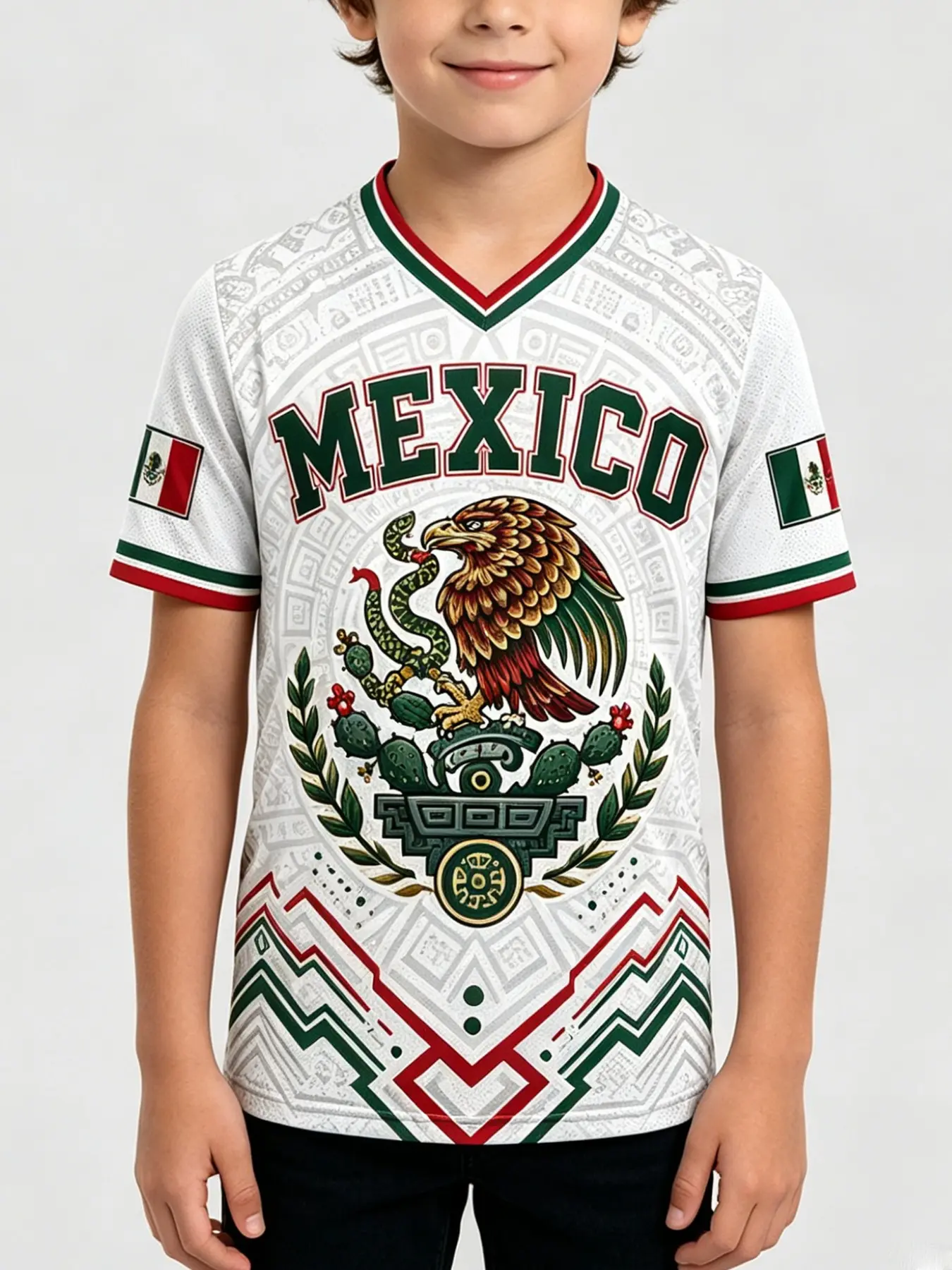 2026 Boys' Mexican Theme Short Sleeve Soccer Shirt, Geometric Eagle Print, V-Neck Breathable T-Shirt, Casual Sports Wear, Gift for Fans
