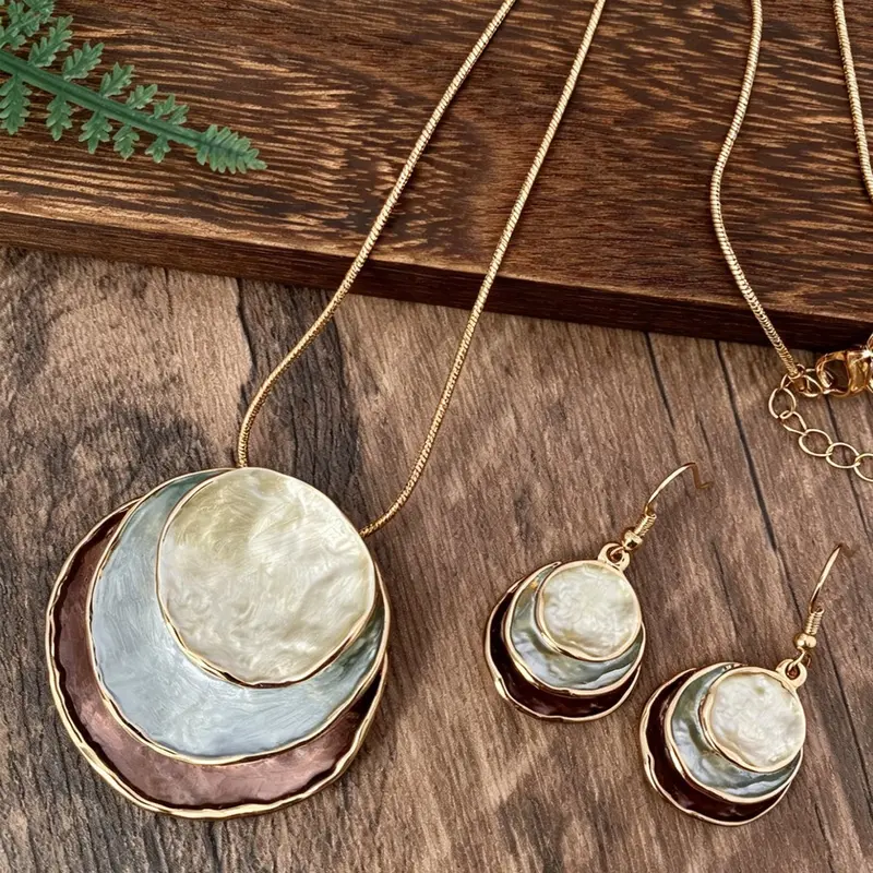 3Pcs/Set Vintage Bohemian Style Multilayer Round Design Jewelry Set, Drop Pendant Necklace and Hook Earrings, Wedding Anniversary Bridal Jewelry Set, Boho Jewelry Set