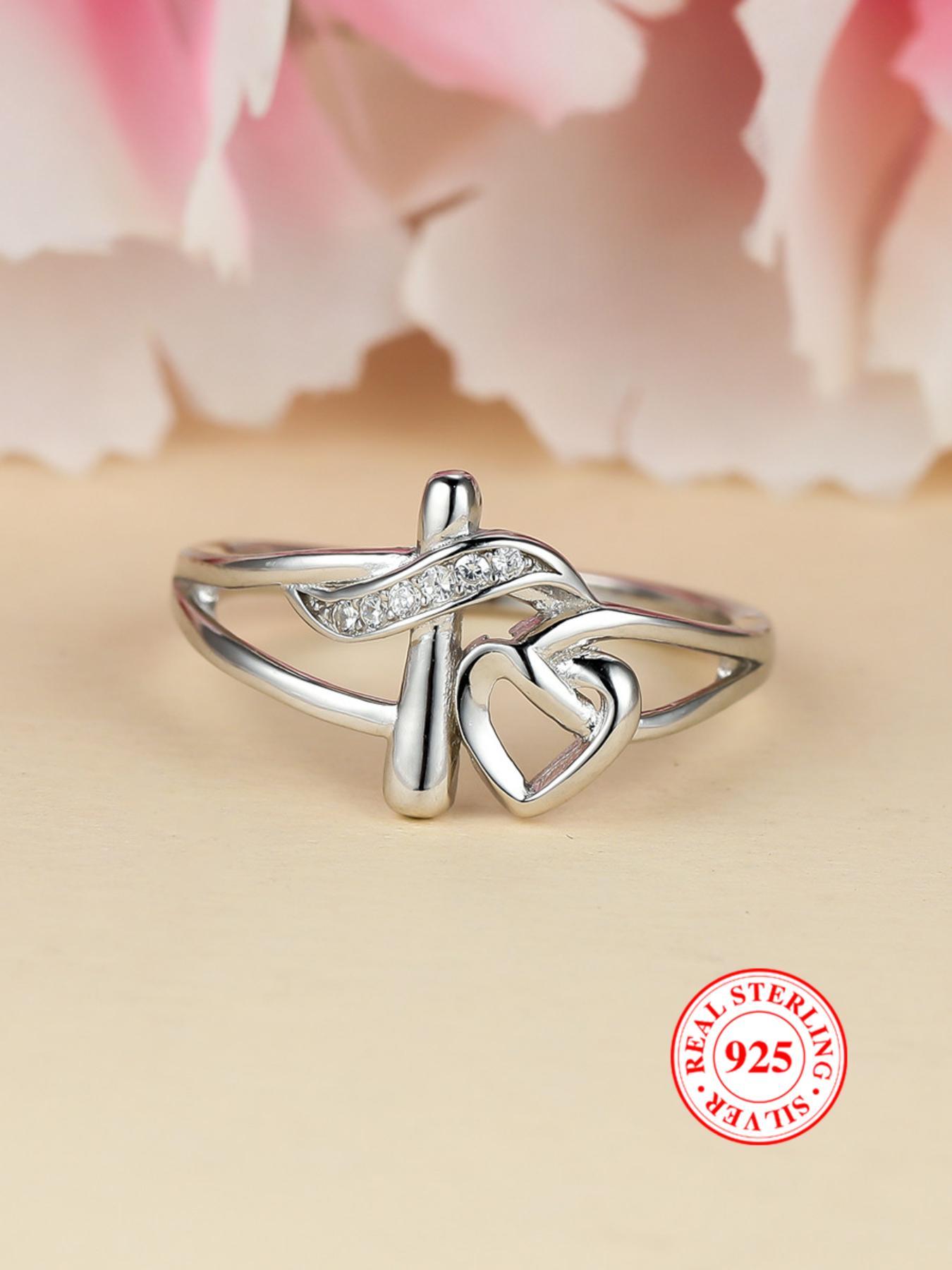 S925 Sterling Silver Hollow Out Cross & Heart Design Ring for Women, Heart Shaped Ring, Fashion Jewelry for Party, Daily Decor, Trendy All-match & Exquisite Jewelry for Birthday Gift, with Box