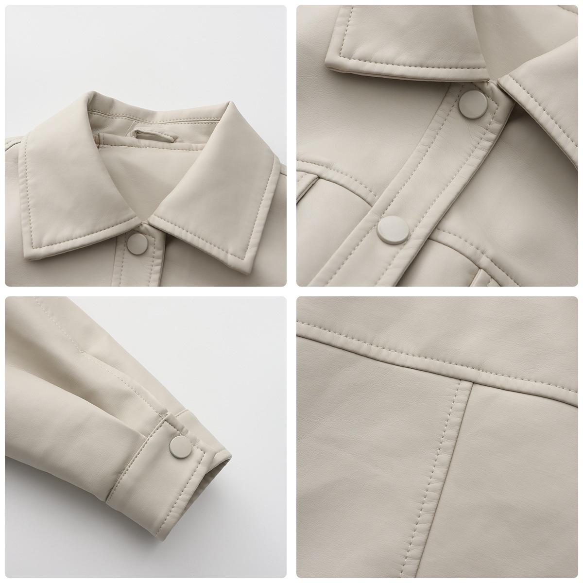 Women's Cropped Faux Leather Jacket, Chic Lapel Casual Button Down PU Moto Bike Coat Outwear with Pockets