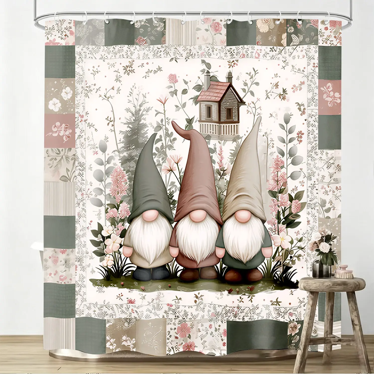 1pcs Decorative Gnome Shower Curtain, Patchwork Floral Pattern, Woodland Garden Accents, Elegant Cottagecore Aesthetic, Bathroom Decor