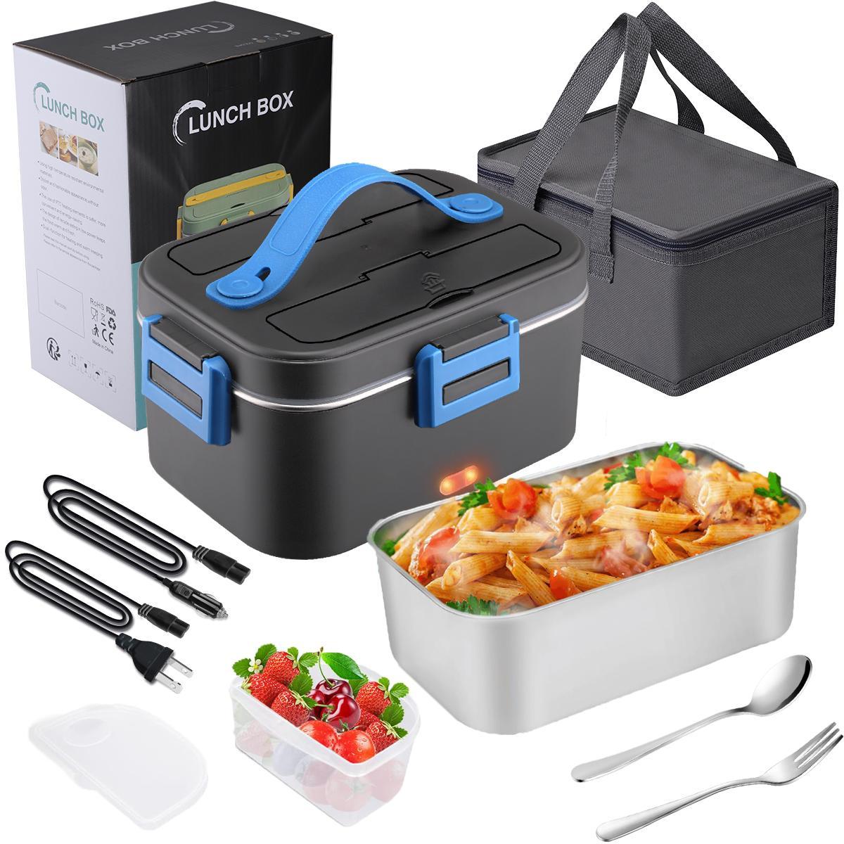 Nifogo Black Friday Electric Lunch Box Portable Food Heater for Adults 110V/12V/24V 1.8L 304 Stainless Steel with Fork Spoon & Bag Tableware Classic Black