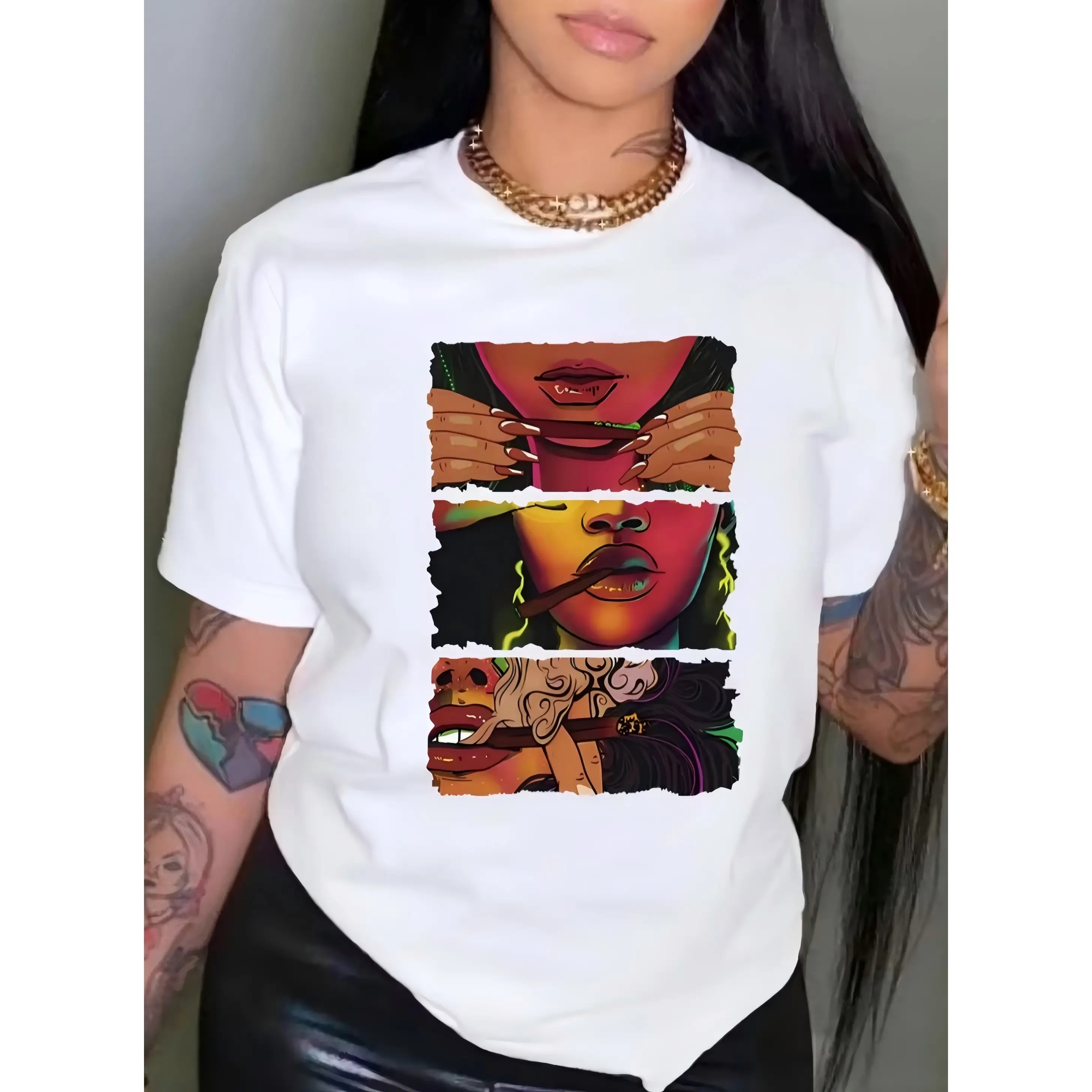 Women's Graphic Tee 100% Cotton Short Sleeve Top, Black Woman Portrait Split Panel Pop Art Print Oversized Tshirt Women, Urban Street Style Casual Graphic Tees Women