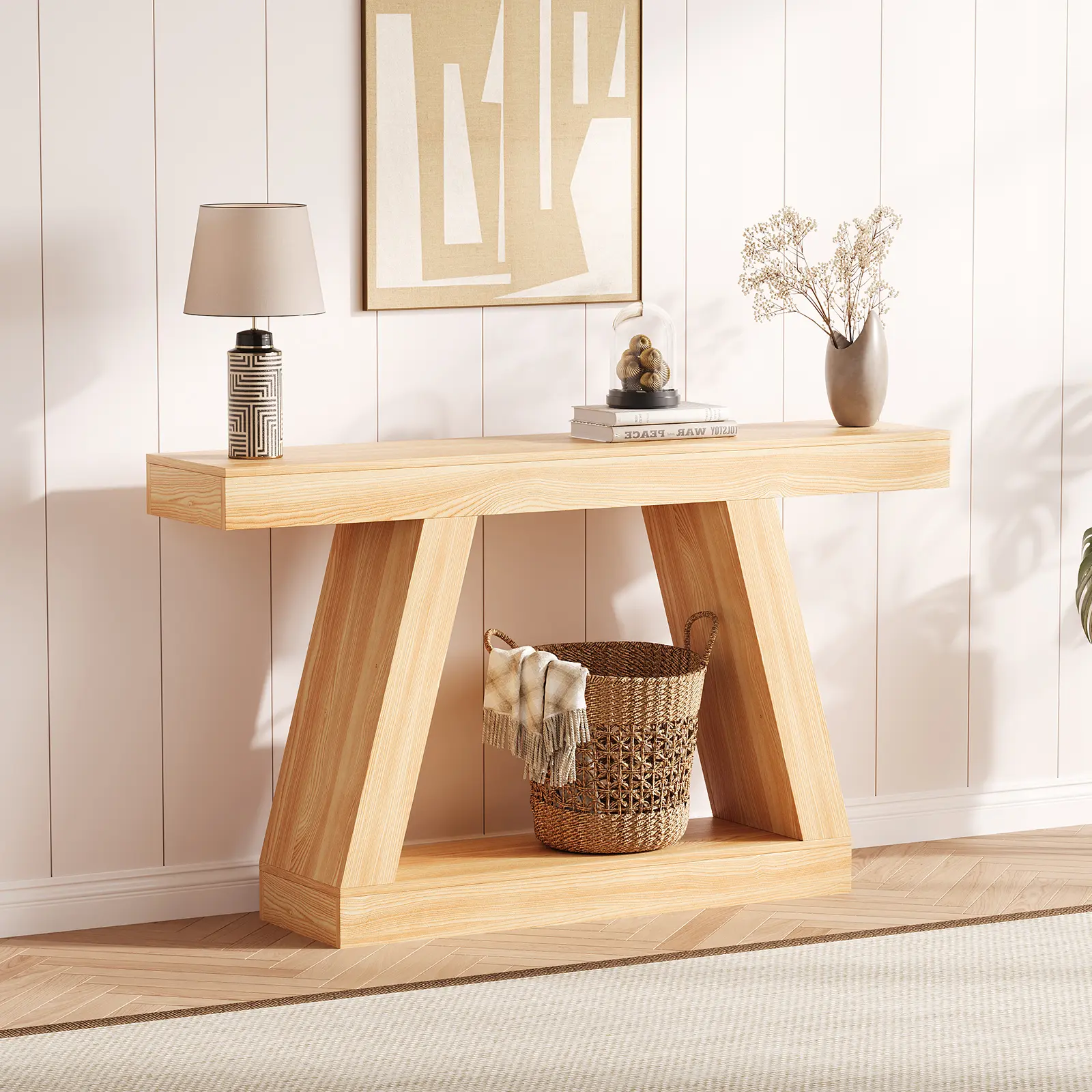 55 Inch Trapezoid Farmhouse Console Table, Rustic Open Storage Sofa Table, Industrial MDF Entryway Accent Table for Hallway & Living Room, Natural Wood Finish