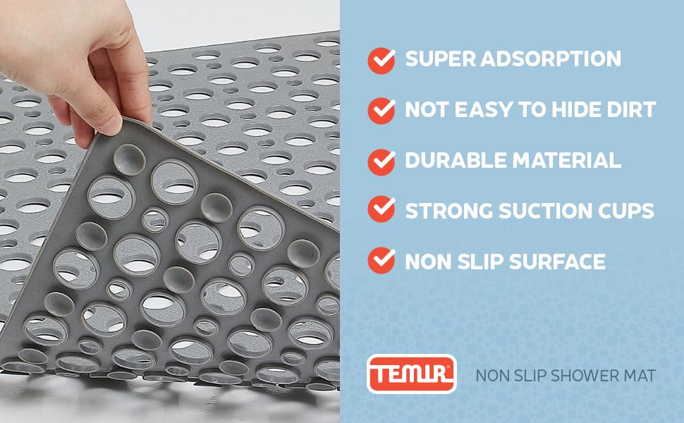 Non Slip Bathtub Mat for Shower - Anti Skid Safety Mat with Strong Suction Cups, Quick Drain Holes, Machine Washable, Soft Bathroom Mat for Elderly & Kids, 30x17 in (75x43 cm) Gray