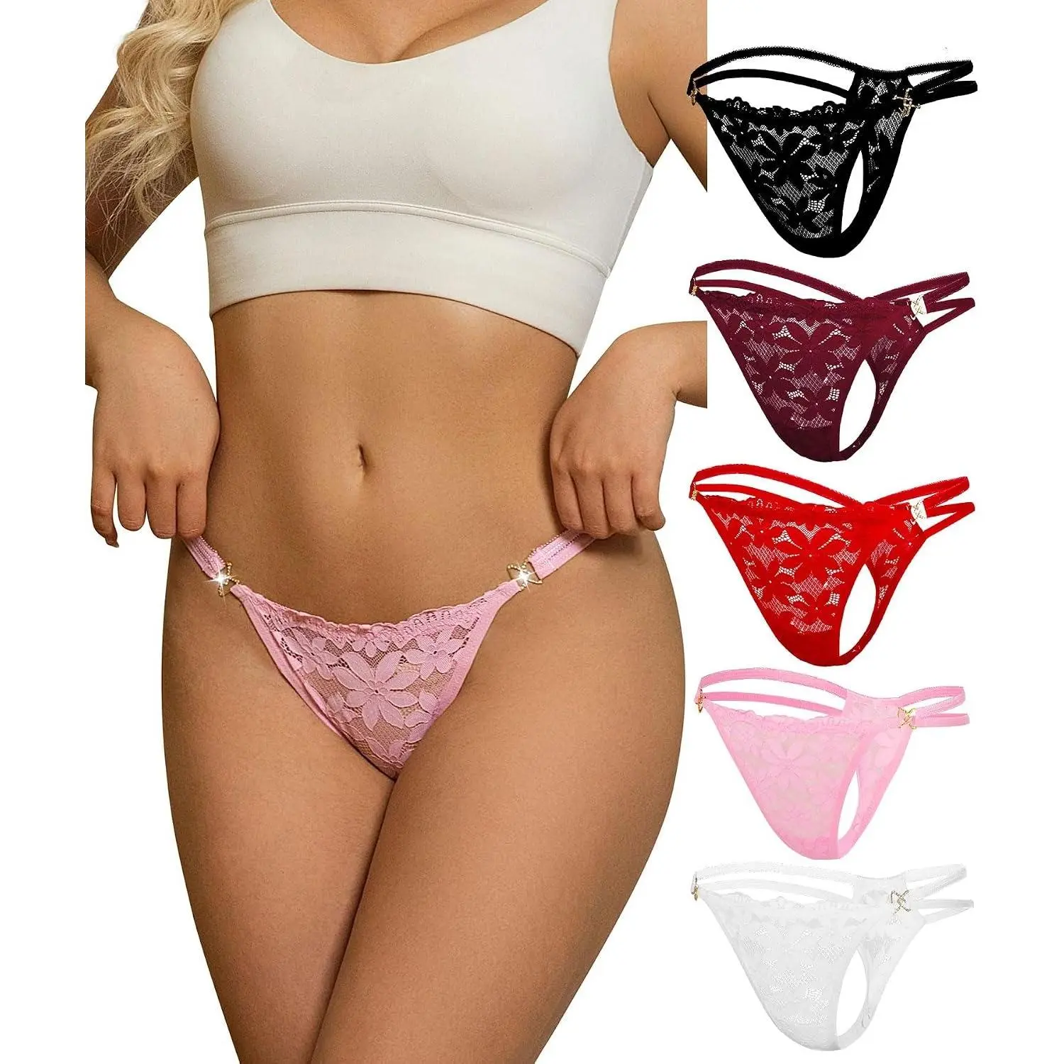 5 Pack Women’s Floral Lace Thong Panties Set, Sexy Style Seamless G-String Underwear, Double Strap Low Rise Breathable Intimates, Y2K Aesthetic Soft Stretch Lightweight Comfortable Daily Wear Lingerie for Women, Romantic Minimalist Fashion Underwear Colle