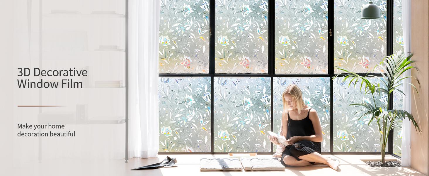 Window Film Floral Stained Glass Window Privacy Film 17.7 x 78.7 inches Front Door Decorative Glass Privacy Film Removable Static Cling Anti-UV Window Cling