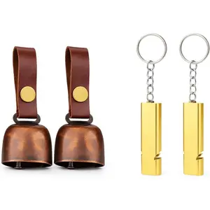 Loud  Bells with Leather Button Strap and  Whistle for , Hiking, Biking, Fishing, Climbing(2sets