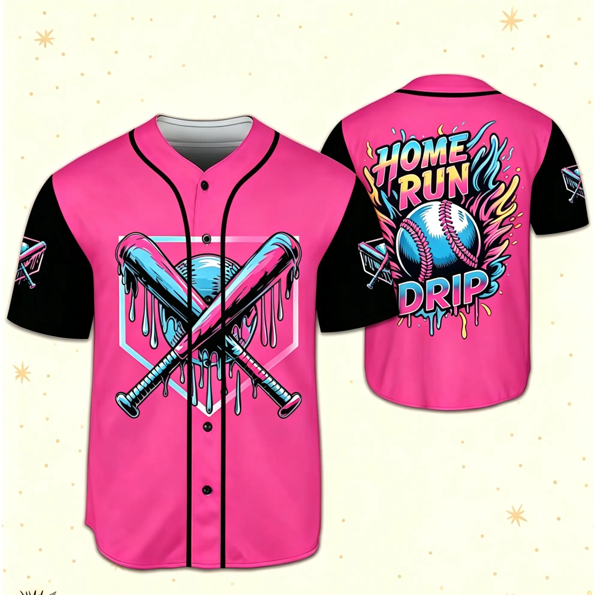 Home Run Drip Baseball Jersey, Colorful Graffiti Softball Graphic Button Up Shirts, Retro Streetwear Baseball Uniform For Game Day Outfit