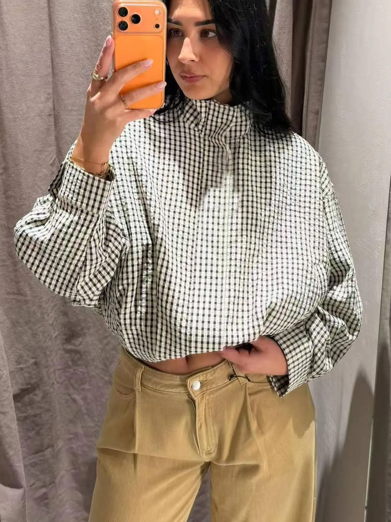 Women's Bomber Jacket Plaid Coat Cropped Oversized Jacket Demi-Season Ladies Jackets Casual Long Sleeve Coats Streetwear Spring Autumn Loose Thin Short Coat Fashion Jacket