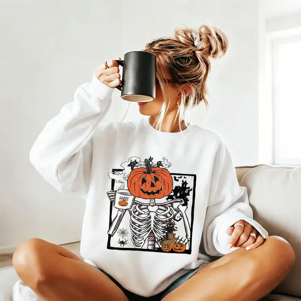 Pumpkin Skeleton Drinking Coffee Halloween Crewneck Sweatshirt Pullover
