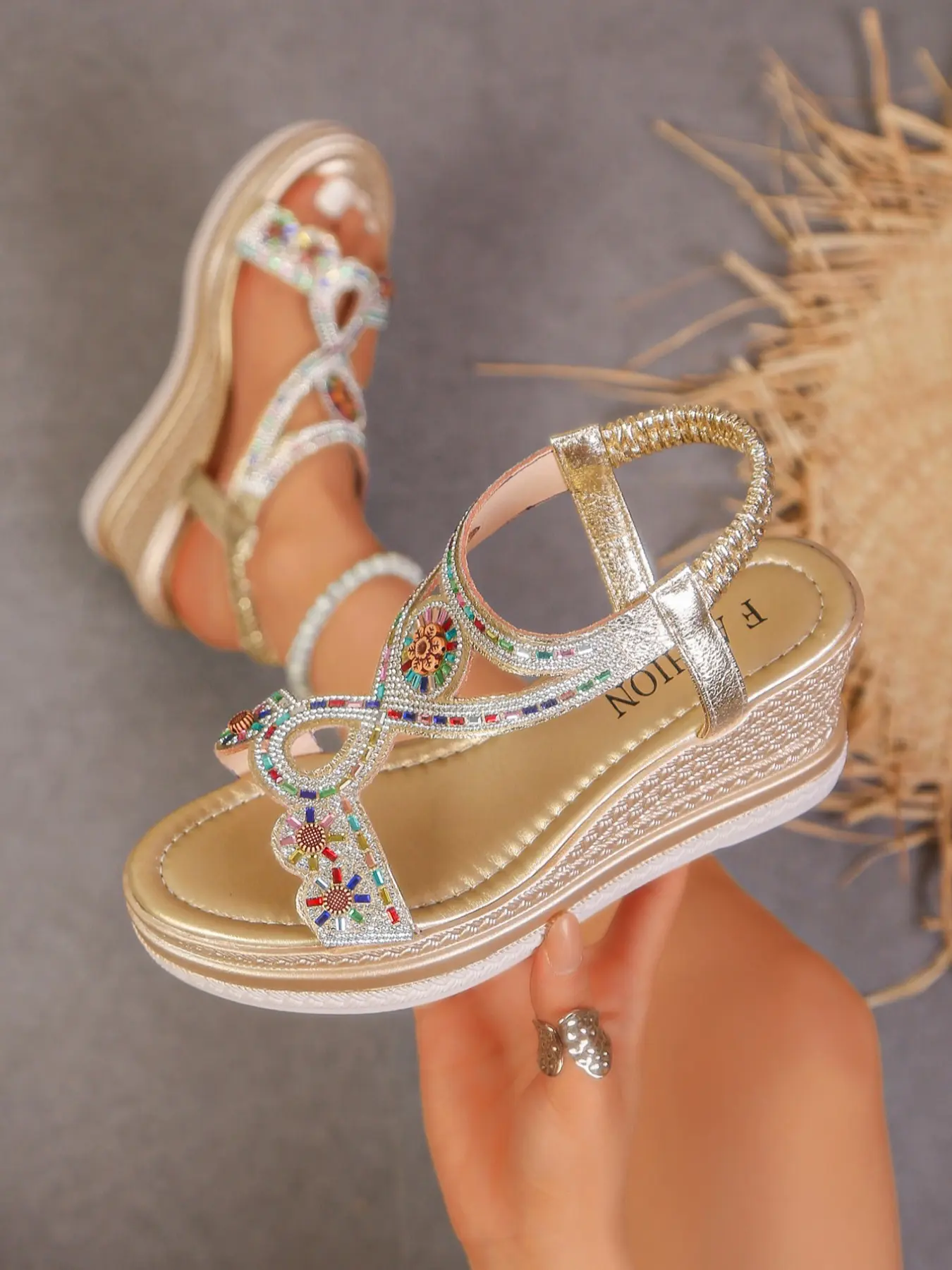 Boho Ethnic Style Multi-Color Rhinestone Handmade Flower Ornament Wedge Sandals, Elastic Back Strap, Non-Slip High Heel Sandals for Travel Party
