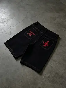 Base Stitch Skull Embroidered Jeans Shorts, Gothic Backbone Letter Embroidery Wide Leg Mid-Length Pants, American High Street Hip Hop Skate Loose Fit Five-Quarter Pants