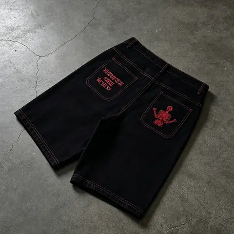Base Stitch Skull Skeleton Embroidered Denim Jeans Shorts, Gothic Backbone Letter Embroidery Wide Leg Mid-Length Pants, American High Street Hip Hop Skate Loose Fit Oversized Five-Quarter Pants, Embroidery Bermuda Shorts