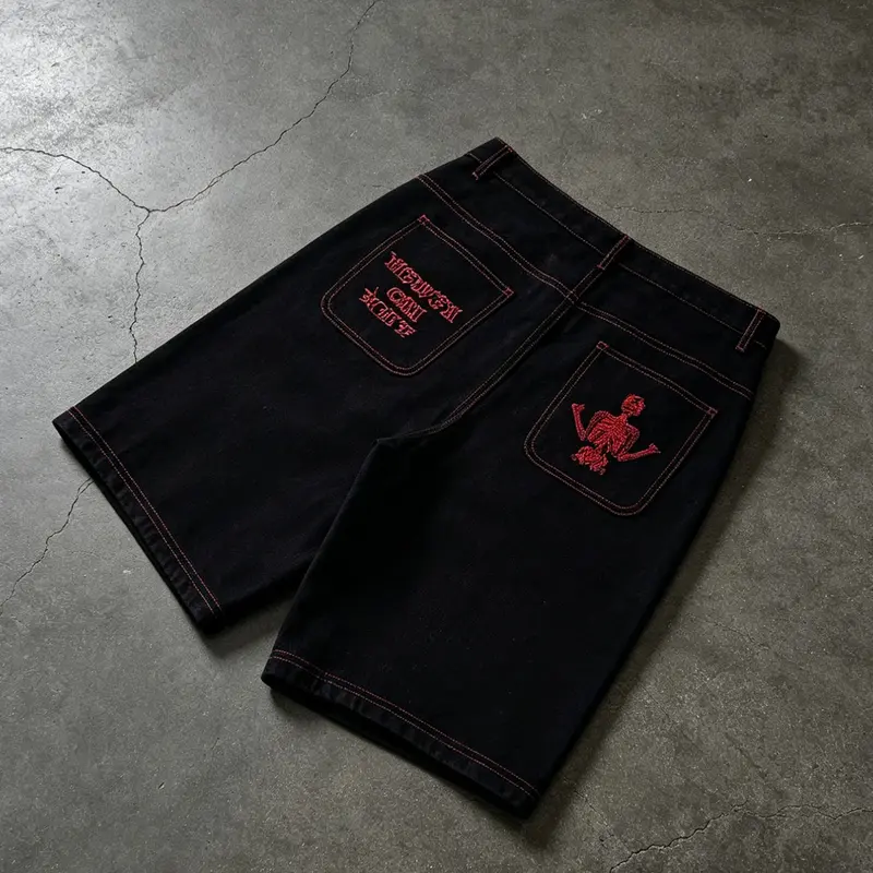 Base Stitch Skull Skeleton Embroidered Denim Jeans Shorts, Gothic Backbone Letter Embroidery Wide Leg Mid-Length Pants, American High Street Hip Hop Skate Loose Fit Oversized Five-Quarter Pants, Embroidery Bermuda Shorts