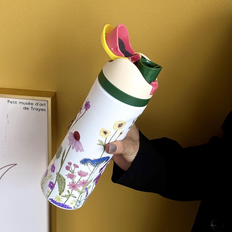 Flower Pattern Vacuum Flask, 1 Count Portable Insulated Water Bottle with Straw, Summer Cool Bottle Drinking Cup for Home Office School Outdoor Camping, Drinkware