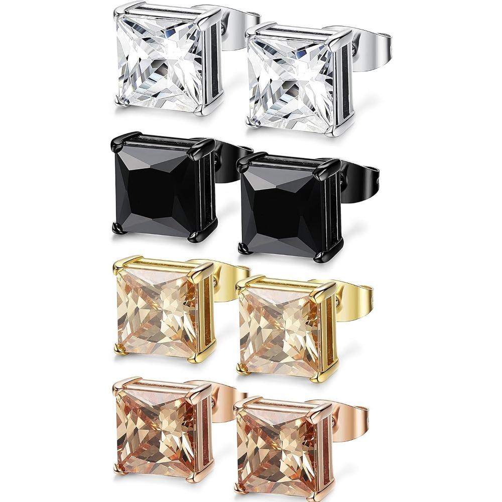 FIBO STEEL 4 Pairs Stainless Steel Stud Earrings Set for Women Men Women 5-8 mm Cubic Zirconia Inlaid Ear Studs Fashion Accessories Gift
