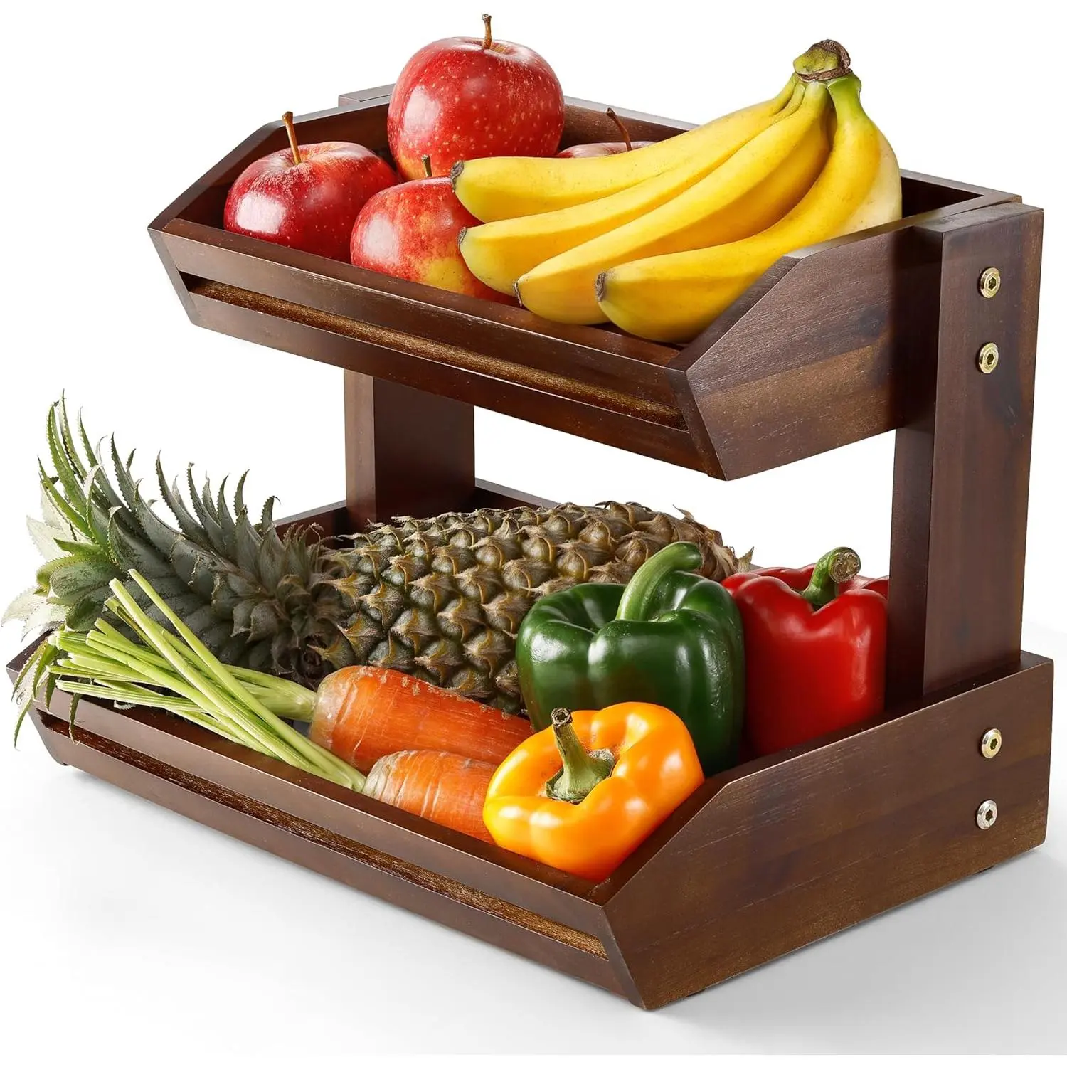 HOLANA Acacia Wood 2-Tier Fruit Basket with Airflow Slots - Natural Finish Kitchen Counter Organizer, Produce Display, Vegetable Storage (Walnut)