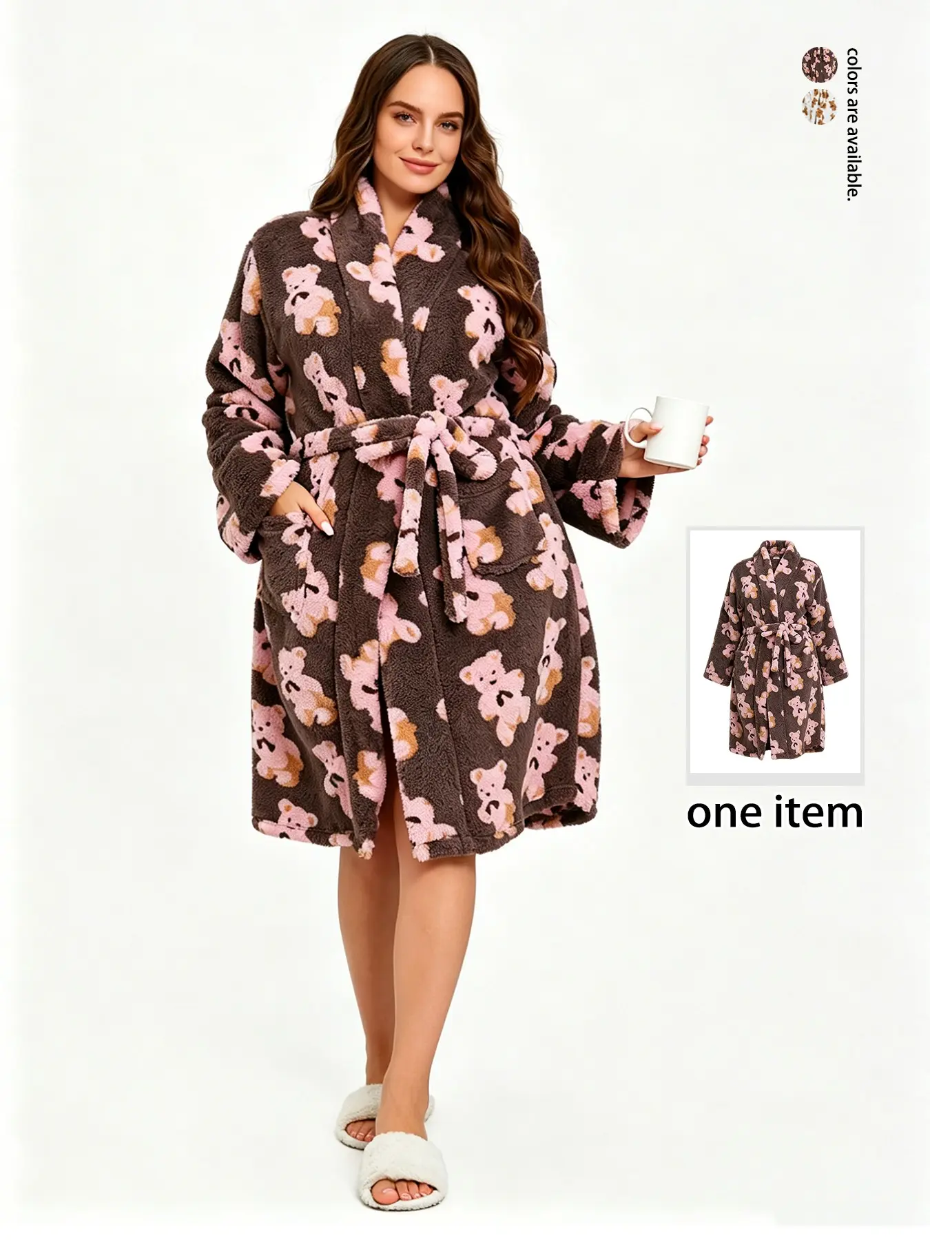 Women's Thickened Long Sleeve Oversized Bathrobe, Chic Cute Bear Pattern Flannel Robe, Loose-Fitting Home Wear Loungewear for Fall Winter, Plus Size Sleepwear