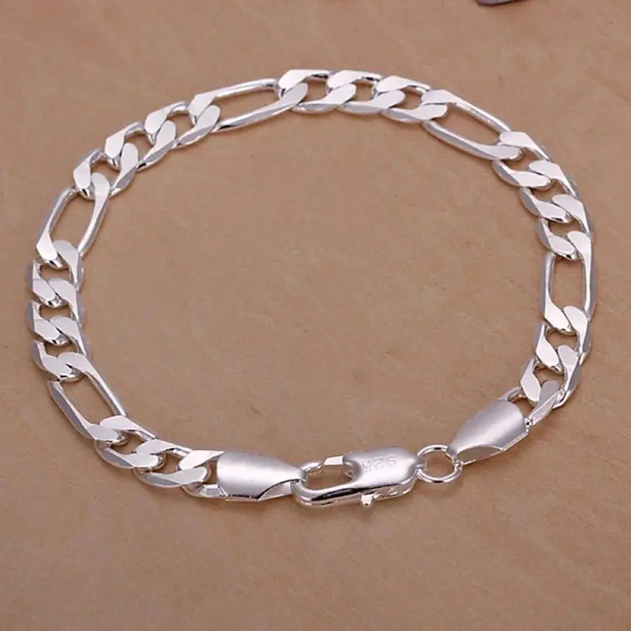 Fine 925 Sterling silver bracelets 6-8mm Women Men chain wedding fashion top quality Silver Jewelry Figaro 20cm