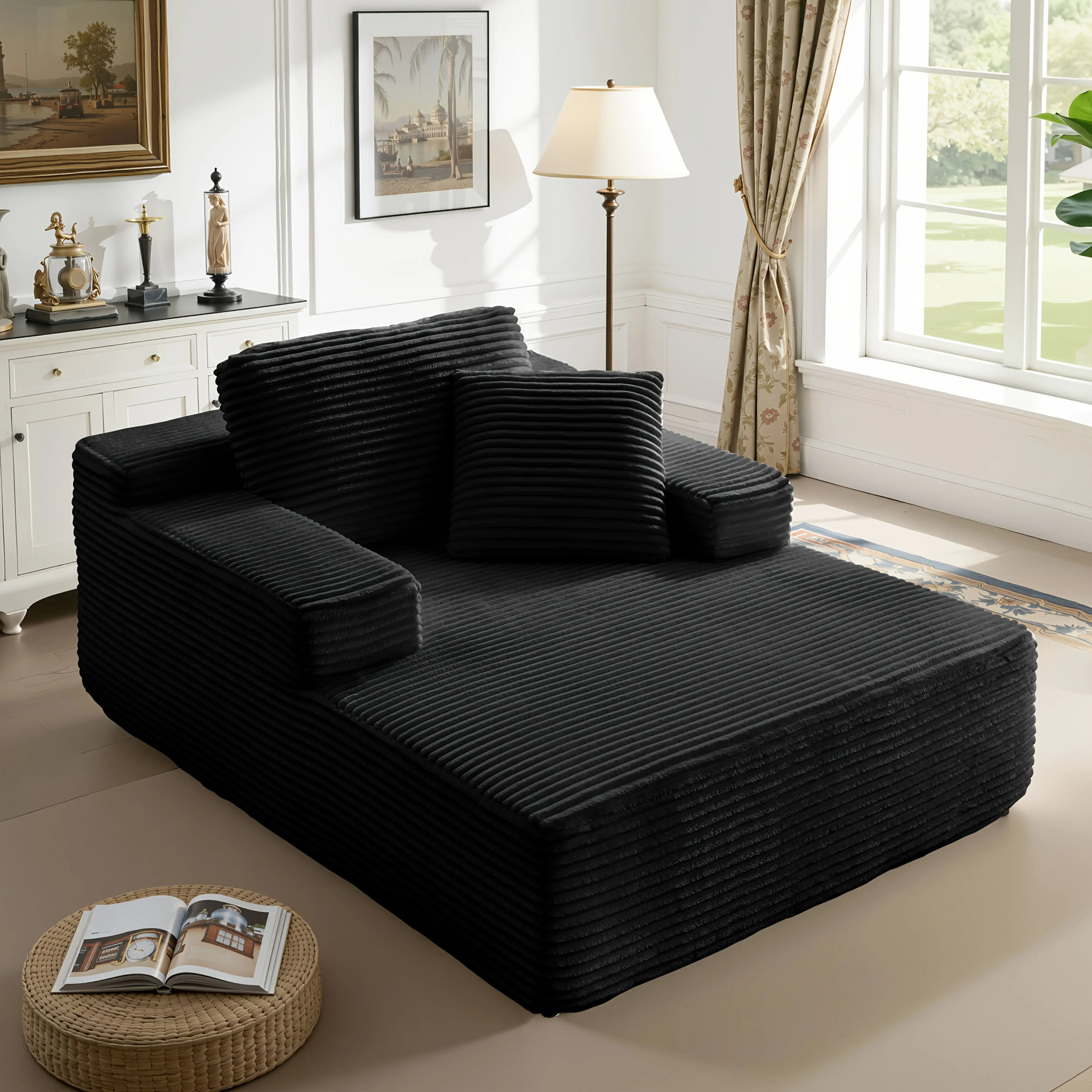 51-Inch Oversized Boneless Lounge Chaise Recliner - Corduroy Sofa with Pillows And Armrests |   Deep-Seat with High-Density Foam Cushion |   Living Room/Apartment/Bedroom U-Shaped Folding Sofa Bed |   No Assembly Required |   Beige/Black/Green/Orange