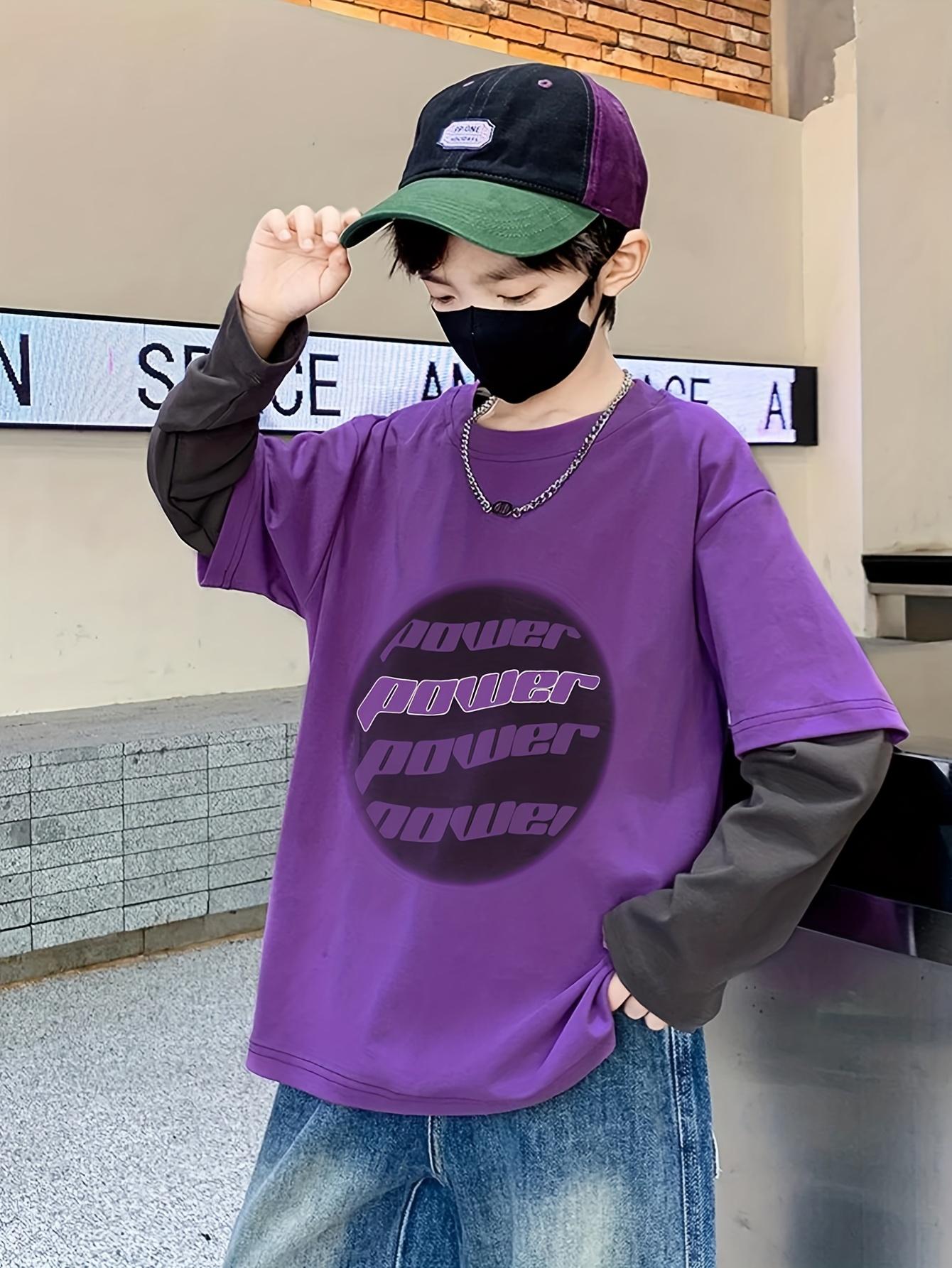 Boys' Two-Tone Long Sleeve T-Shirt - Purple & Color Block Streetwear Pullover with "POWER" Lettering, Drop Shoulder Casual Top for Spring/Fall Outdoor Sports, Spring Fall Apparel, Sporty Look, Durable Construction, Young Athletes, Streetwear Fashion