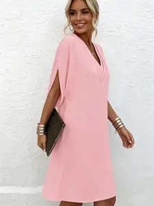 A women's fashionable and casual solid color dress with V-neck pleated bat sleeves, suitable for summer, beach parties, dates, and casual shopping, Beachwear Dress