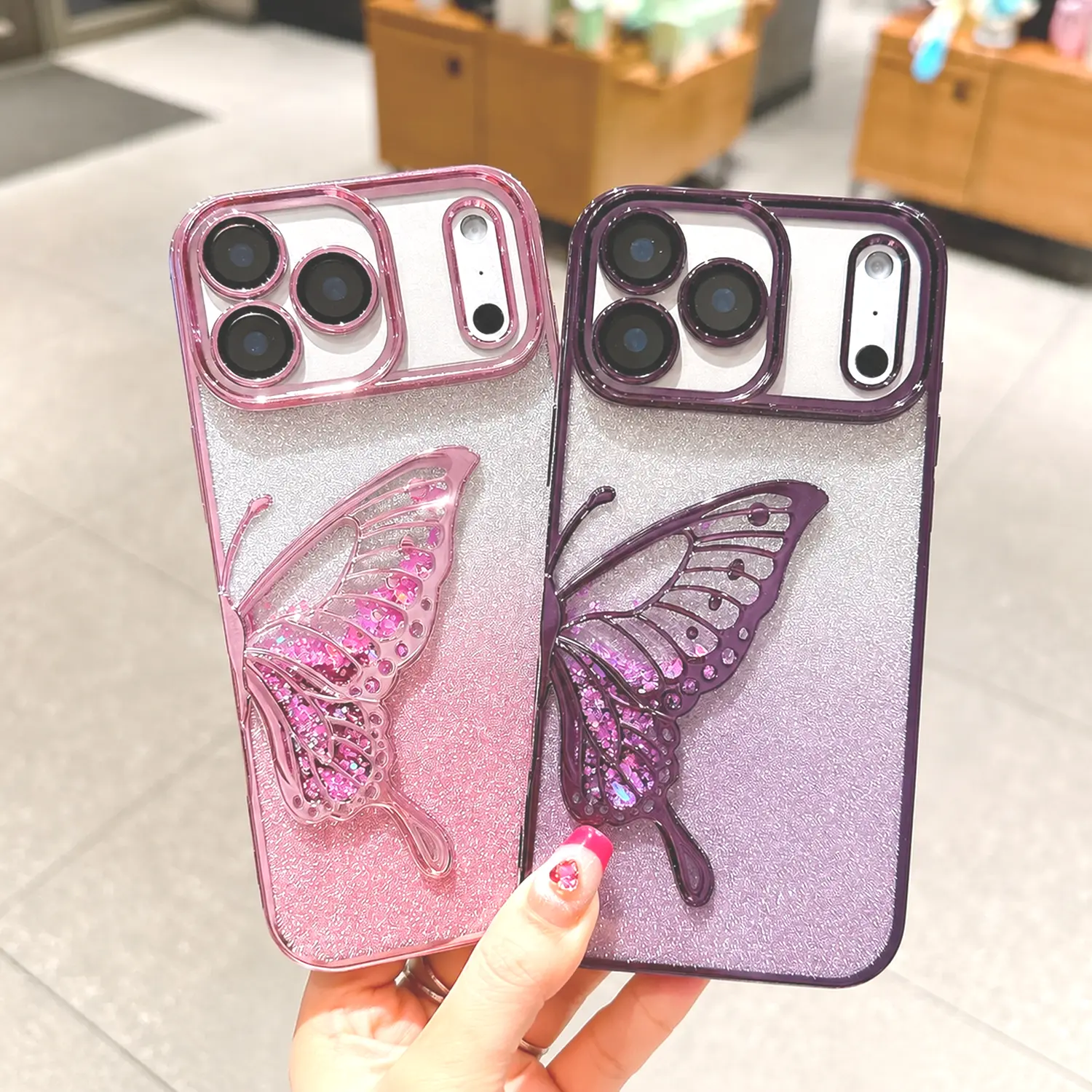 for iPhone 17 Pro Max 16 15 14 13 Case for iPhone Case,Luxury Electroplated Liquid Floating Gradient Glitter Quicksand Butterfly Clear Shockproof Protective Cover Phone Case