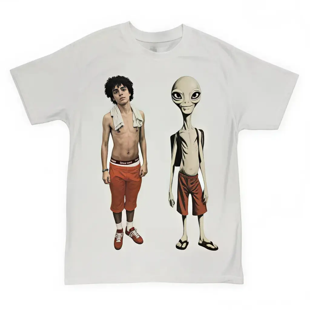 Xaviersobased & Paul TeeMen's Funny Alien Twin Graphic T-Shirt, Weird Surreal Human & Alien Matching Orange Shorts Print Tee, Vintage Streetwear Short Sleeve Crew Neck Casual Top, Unique Weirdcore UFO Alien Lover Gift Shirt