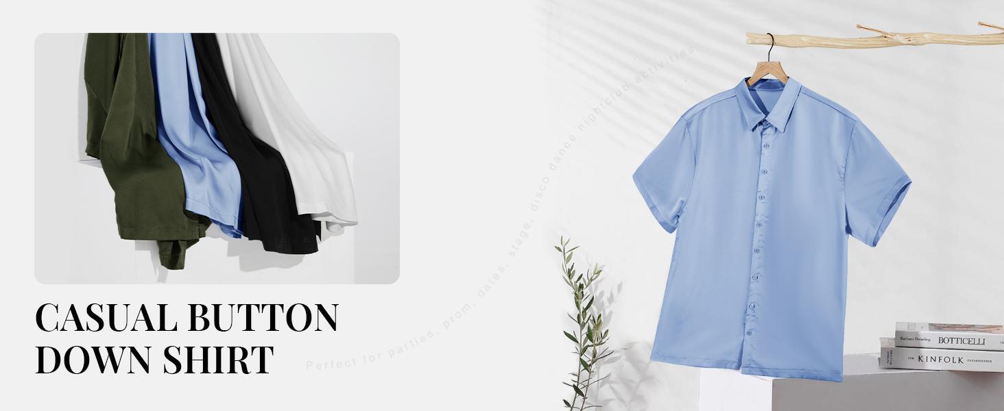 PASLTER Mens Luxury Satin Silk Dress Shirts Casual Button Down Short Sleeve Prom Party Wedding Shirt