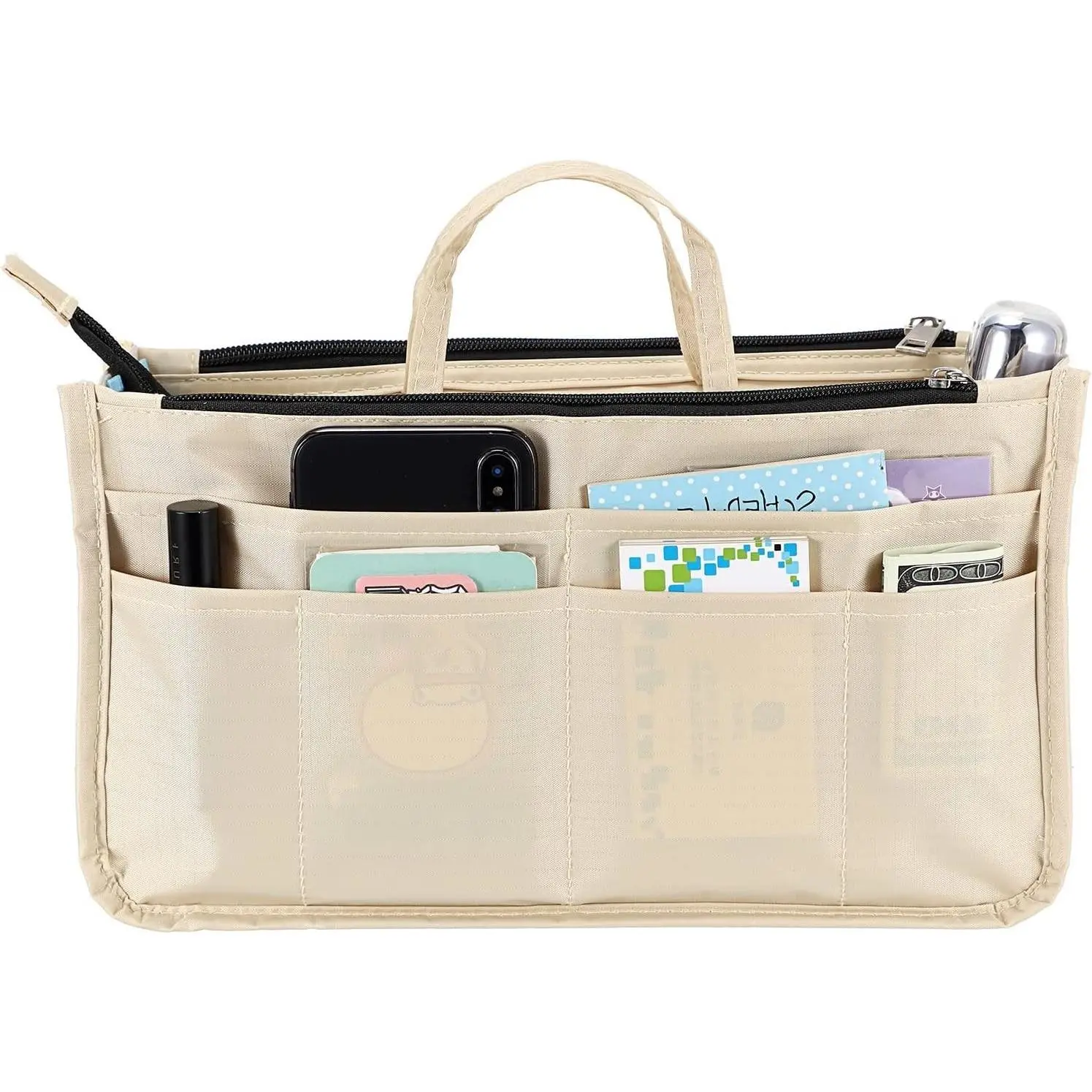 Printed Handbag Organizer Purse Insert - High Capacity 13 Pockets Tote Bag Organizer with Handle and Shaper Dividers, BeigeGift