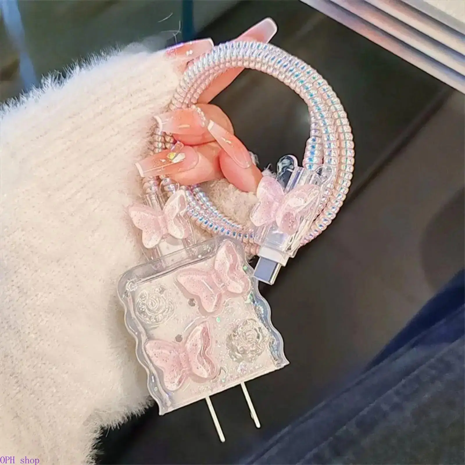 Charger Not Included Cute Pink Butterfly Epoxy Charger Protector Decor Cover For 20W Fast Charger  Cable Durable Lovely Butterfly Accessory