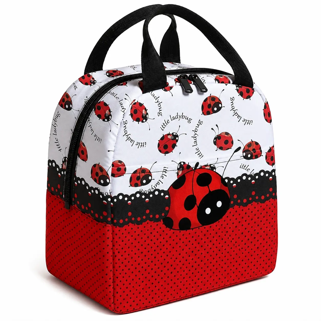 Ladybug Print Lunch Bag, Cute Red White Insulated Lunch Tote with Zipper and Double Handles, Lightweight Reusable Meal Bag for School Work Picnic Travel