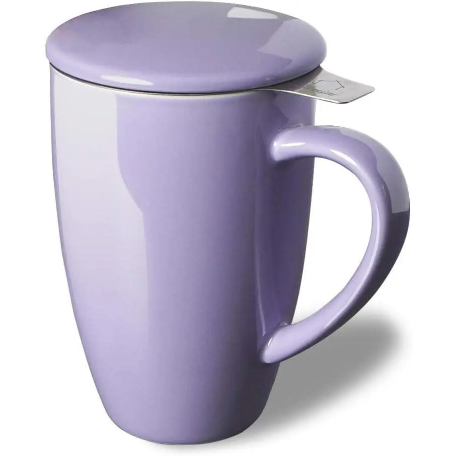 16 oz Porcelain Tea Infuser Mug with Lid & Strainer, Microwave & Dishwasher Safe Teacup for Loose Leaf Tea Coffee, Purple