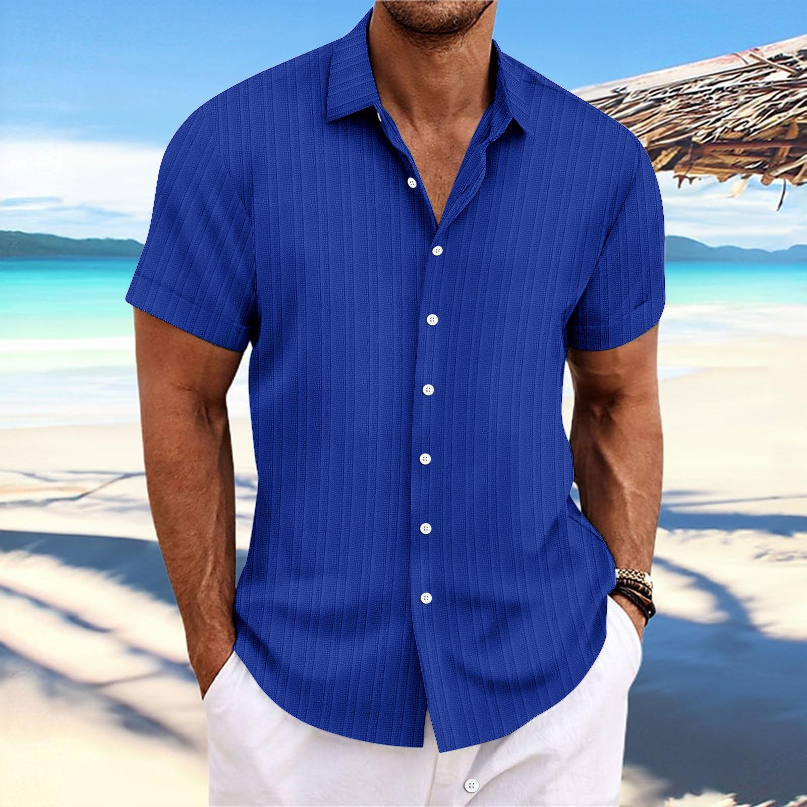 New Men's Cotton and Linen Striped Jacquard Casual Loose Short Sleeve Shirt