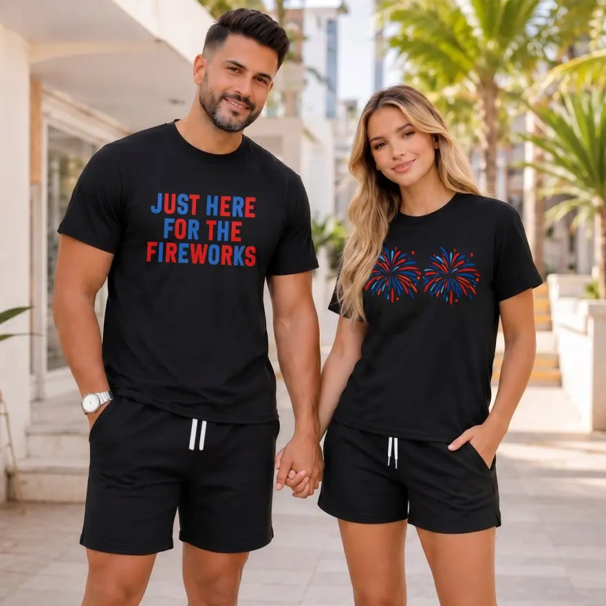 Couples Matching 4th of July Graphic T-Shirt and Shorts Set, Independence Day Fireworks Print Two Piece Outfit, Casual Summer Short Sleeve Tee and Drawstring Shorts for Game Day, Streetwear, Vacation, Couple Photos, and Daily Wear