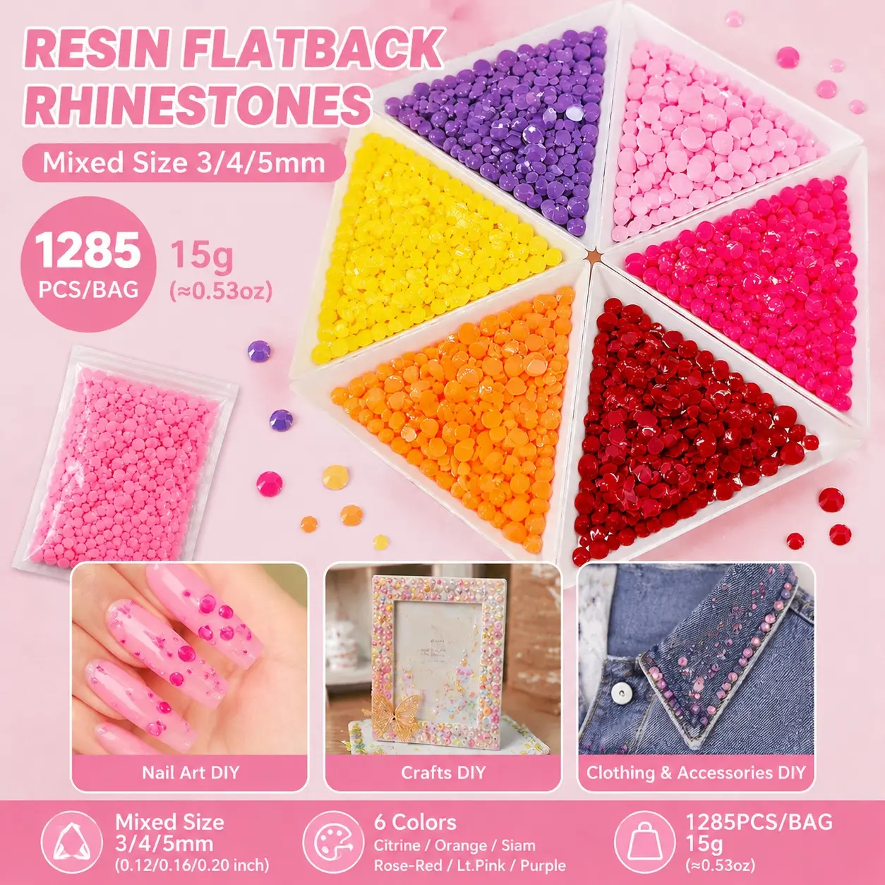 1285pcs Resin Jelly Opaque Solid Flatback Rhinestones Mixed 3-5mm Citrine/Orange/Siam/Rose-Red/Lt.Pink/Purple for Nail Art, Clothing, Shoes, Bags, Cups, Crafting DIY