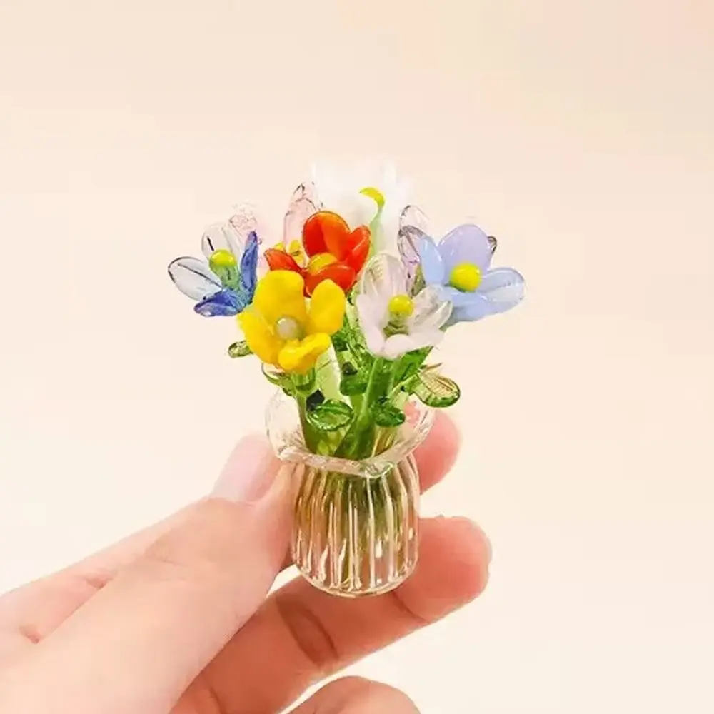 Handmade Mini Glass Artificial Flower Set, DIY Floral Arrangement, Desktop Decor, Holiday Ornament, 8 Random Color Flowers + Vase