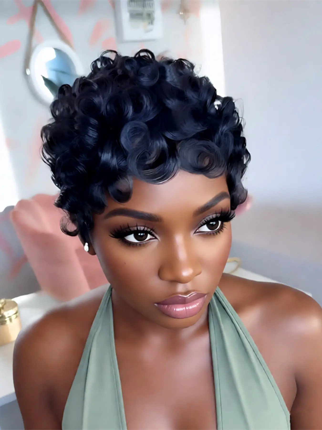 Short Curly Pixie Cut Machine Made Human Hair Wig, Pixie Wig for Women for Daily & Party Use black color pixie wig, Bixie Cut Wigs
