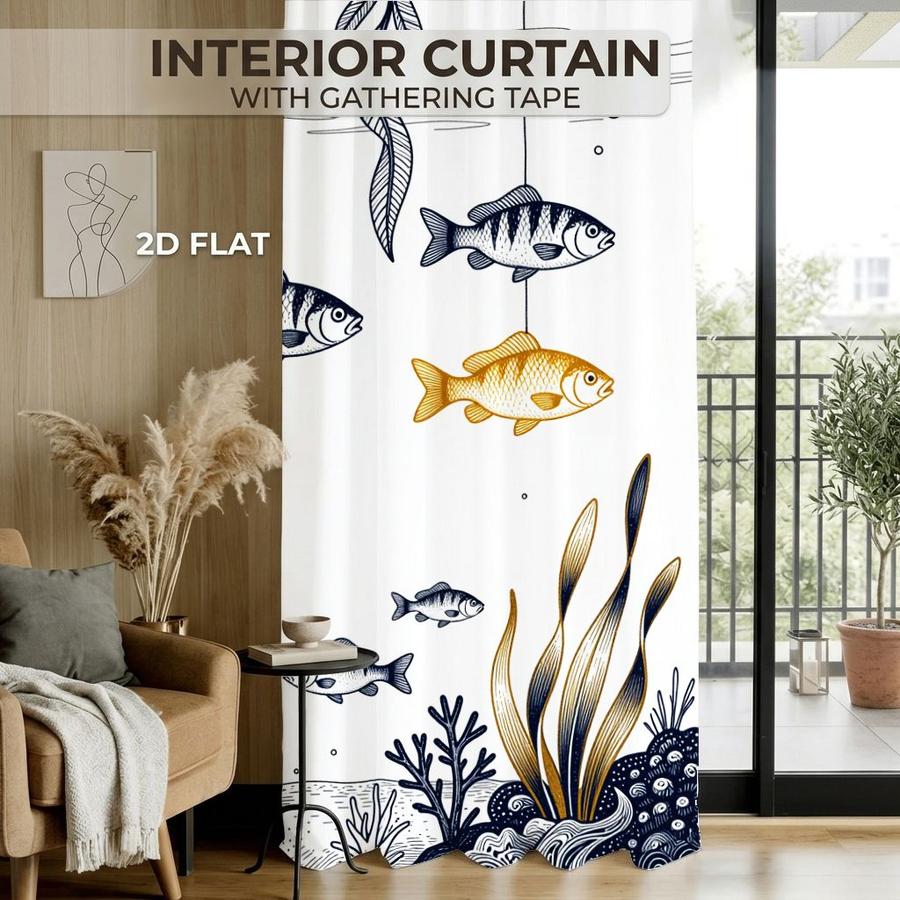 2Pcs Nautical Ocean Fish Seaweed Pattern Sun Blocking Curtains Digital Printed Rod Pocket, Window Treatment For Bedroom Office Kitchen Living Room Study Home Decor