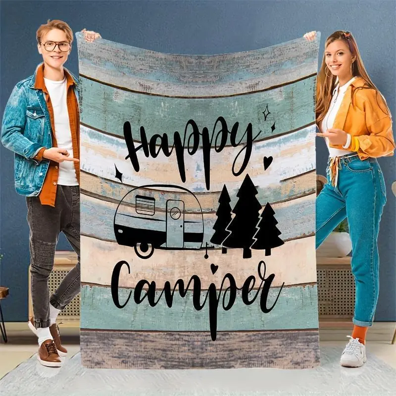 Happy Camper Flannel Throw Blanket, Machine Washable & Quilted, Digitally Printed All-Season Cozy Blanket for Sofa Bed or Camping Trip